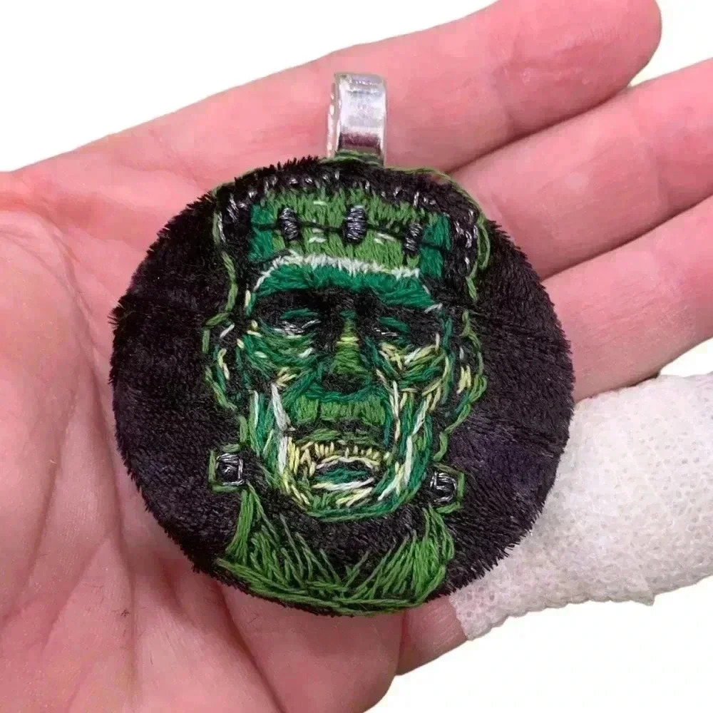 Hand embroidered one of a kind Halloween spooky Frankenstein pendant necklace